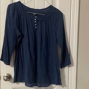 Chaps Navy Blue Blouse with Button Detail